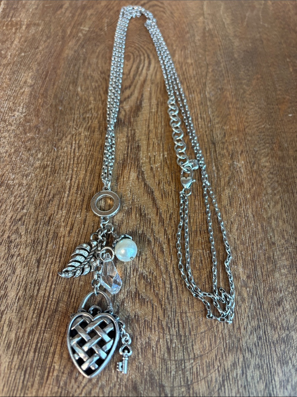 Vintage Brighton Silver Heart Long Necklace with Charm Drops